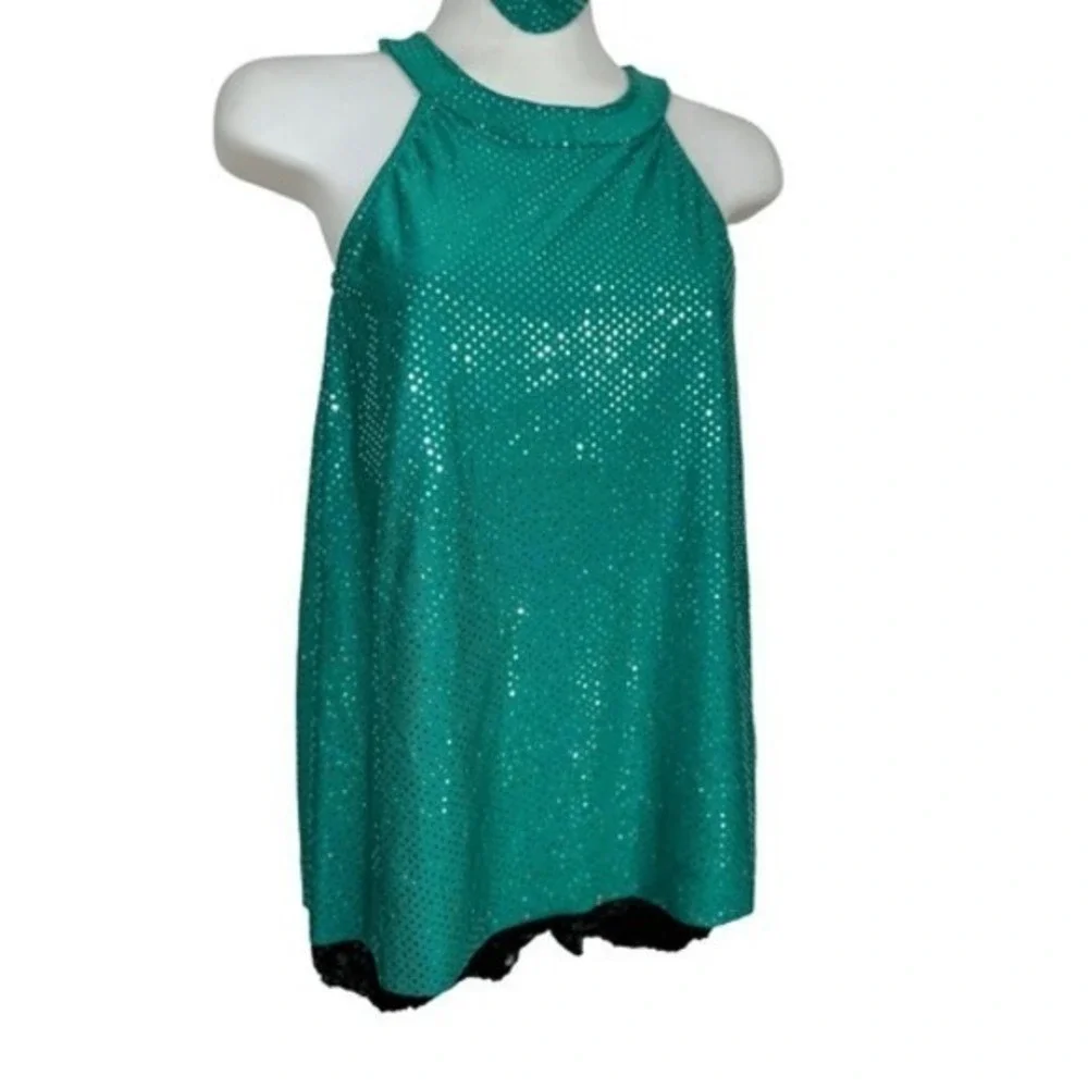 Revolution Dance Costume 2pc Teal Sequin Tunic Top Shorts Girls L Jazz Solo